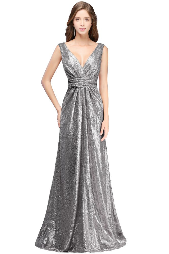 Vestidos de fiesta con lentejuelas, corte A, sin mangas, hasta el suelo, escote en V