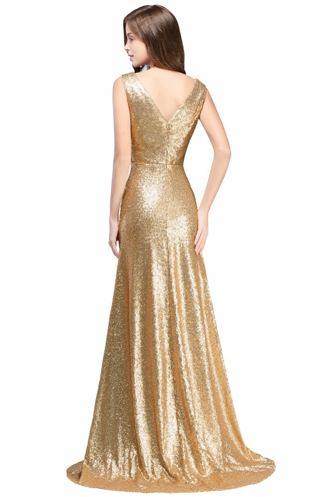 Vestidos de fiesta con lentejuelas, corte A, sin mangas, hasta el suelo, escote en V