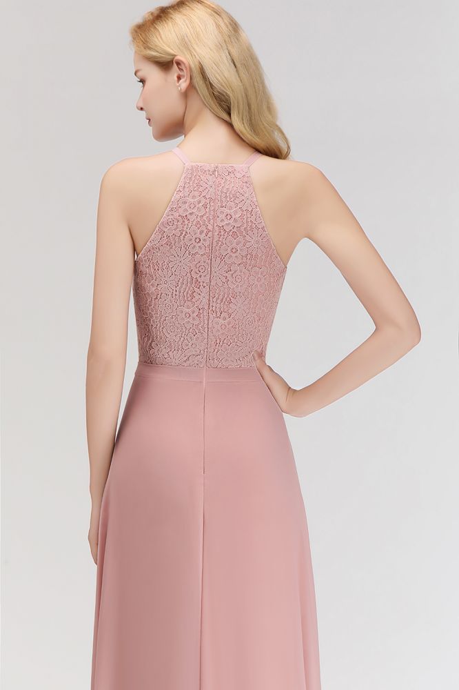 Vestido de dama de honor largo de gasa con encaje y cuello halter sin mangas y corte A