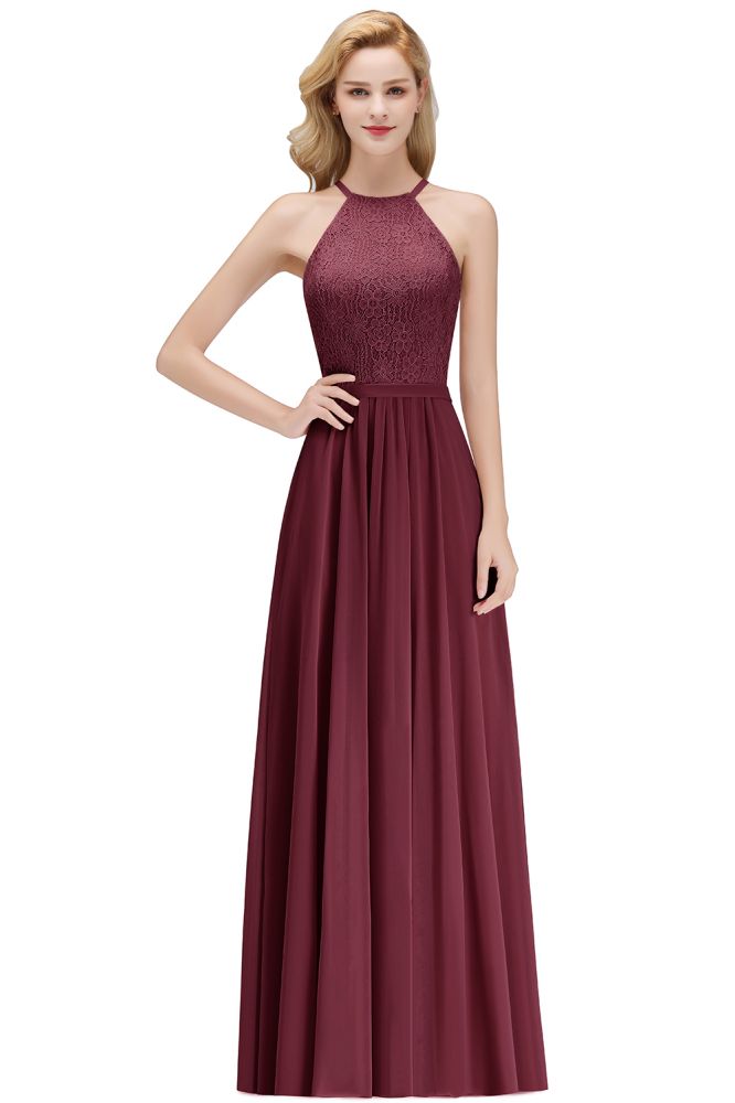 Vestido de dama de honor largo de gasa con encaje y cuello halter sin mangas y corte A