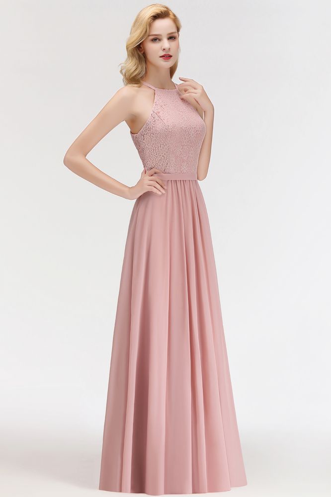 Vestido de dama de honor largo de gasa con encaje y cuello halter sin mangas y corte A