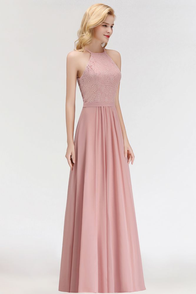 Vestido de dama de honor largo de gasa con encaje y cuello halter sin mangas y corte A