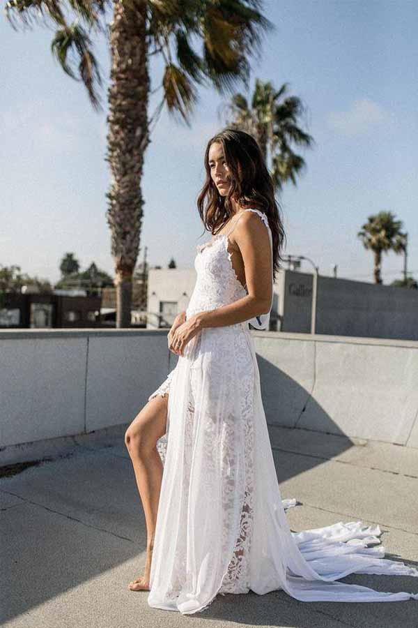 Vestido de novia de gasa con encaje blanco y tirantes finos, corte A, para boda en la playa, WD290