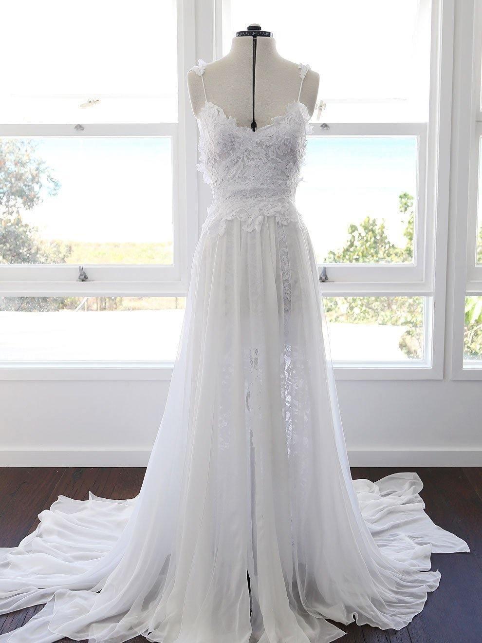 Vestido de novia de gasa con encaje blanco y tirantes finos, corte A, para boda en la playa, WD290