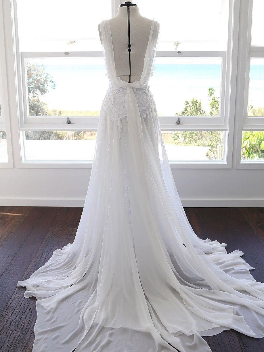 Vestido de novia de gasa con encaje blanco y tirantes finos, corte A, para boda en la playa, WD290
