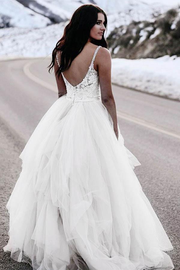 A-Linie Spaghettiträger Asymmetrisches Brautkleid mit Spitze WD236