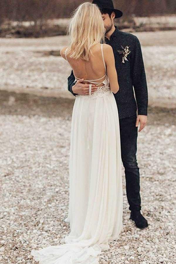 A-Linie Spaghettiträger Langes Chiffon Brautkleid mit Spitze WD259