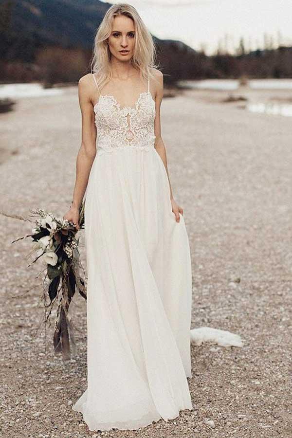 A-Linie Spaghettiträger Langes Chiffon Brautkleid mit Spitze WD259