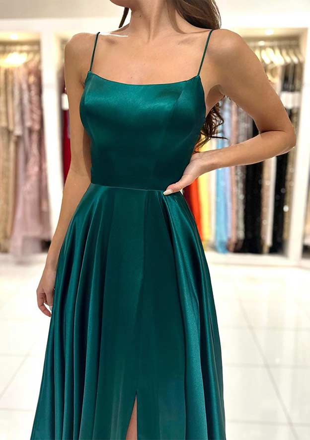A-Linie, quadratischer Ausschnitt, Spaghettiträger, rückenfrei, langes Ballkleid mit Schlitz