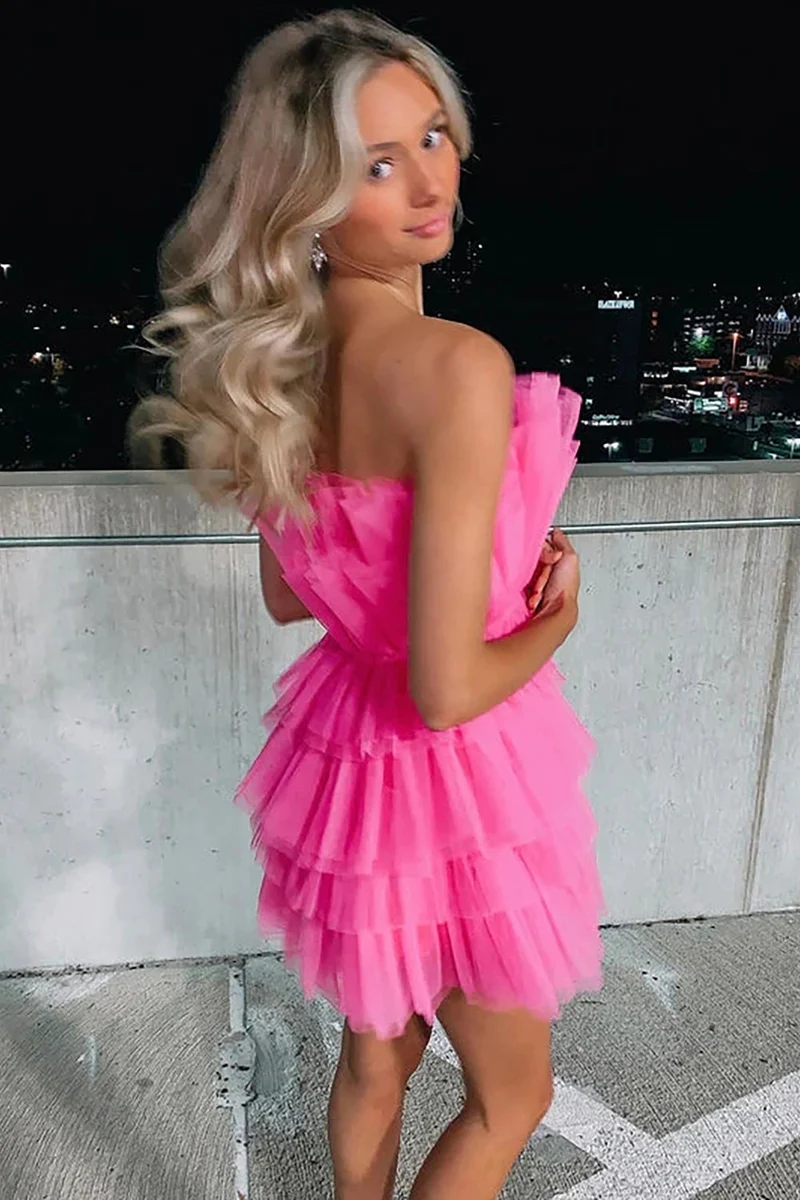Vestido de fiesta corto rosa intenso sin tirantes Azalea