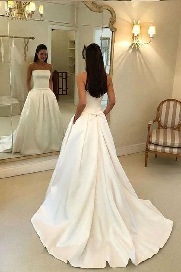 A-Linie, trägerlos, offener Rücken, Satin, Elfenbein, Brautkleid mit Taschen WD395