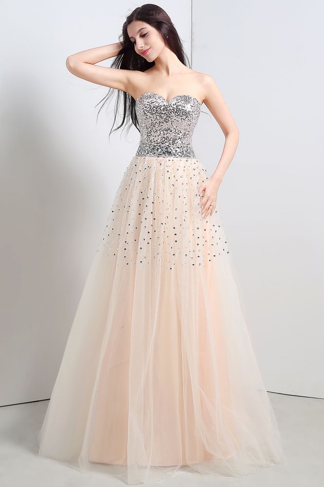 A-Linien-Partykleid aus trägerlosem Tüll mit Pailletten