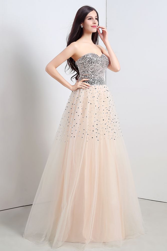 A-Linien-Partykleid aus trägerlosem Tüll mit Pailletten