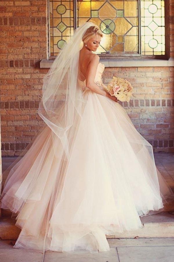 A-Linie Herzausschnitt Trägerlos Rosa Langes Tüll Brautkleid WD235