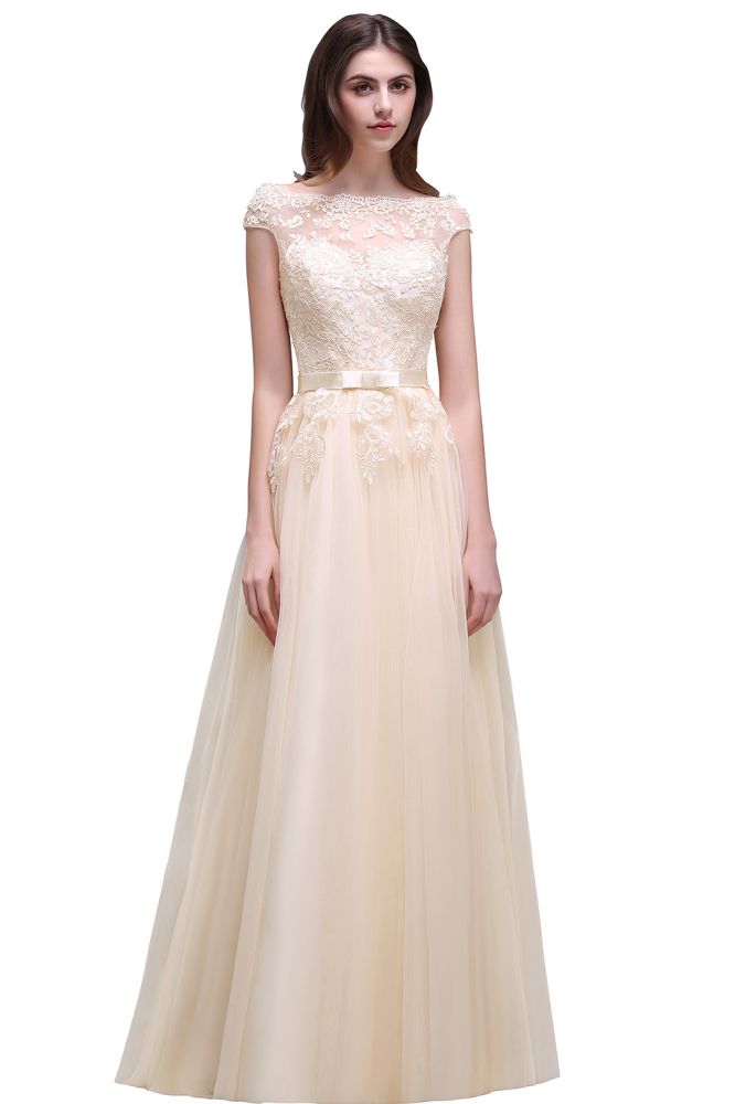 A-line Tulle Lace Appliques Floor-Length Prom Dress