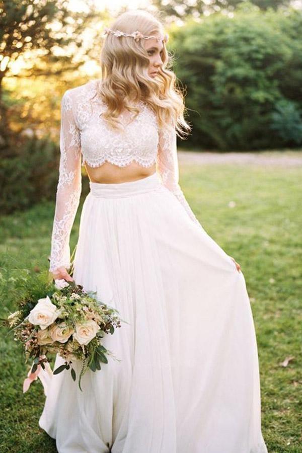 A Line Two Piece Round Neck Long Sleeves Lace Beach Wedding Dresses WD463