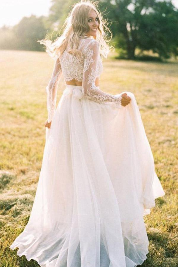 A Line Two Piece Round Neck Long Sleeves Lace Beach Wedding Dresses WD463