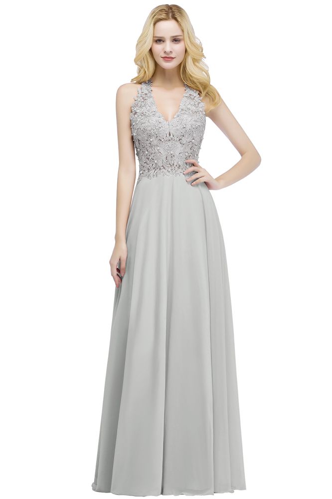 A-Linie V-Ausschnitt Applikationen Chiffon Abend Maxikleider Ärmelloses Brautjungfernkleid