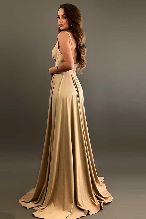 A-Line V-Neck Elastic Satin Bridesmaid Dress with Split BD055