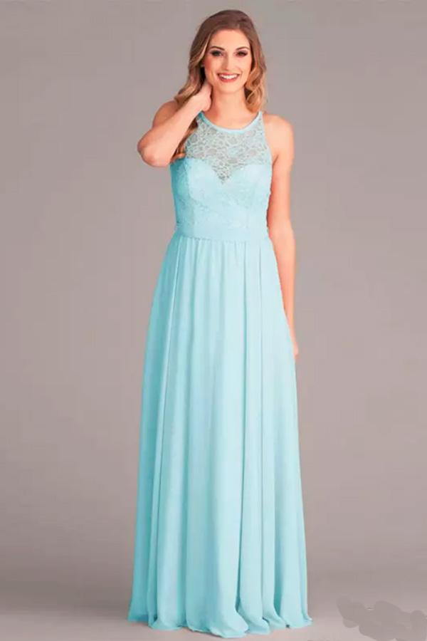 A-Line V-Neck Floor-Length Mint Chiffon Bridesmaid Dress with Lace BD052