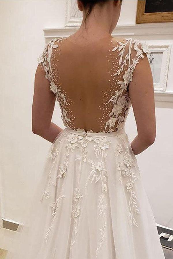 A Line V Neck Ivory Lace Fairy Long Wedding Dresses with Appliques WD382