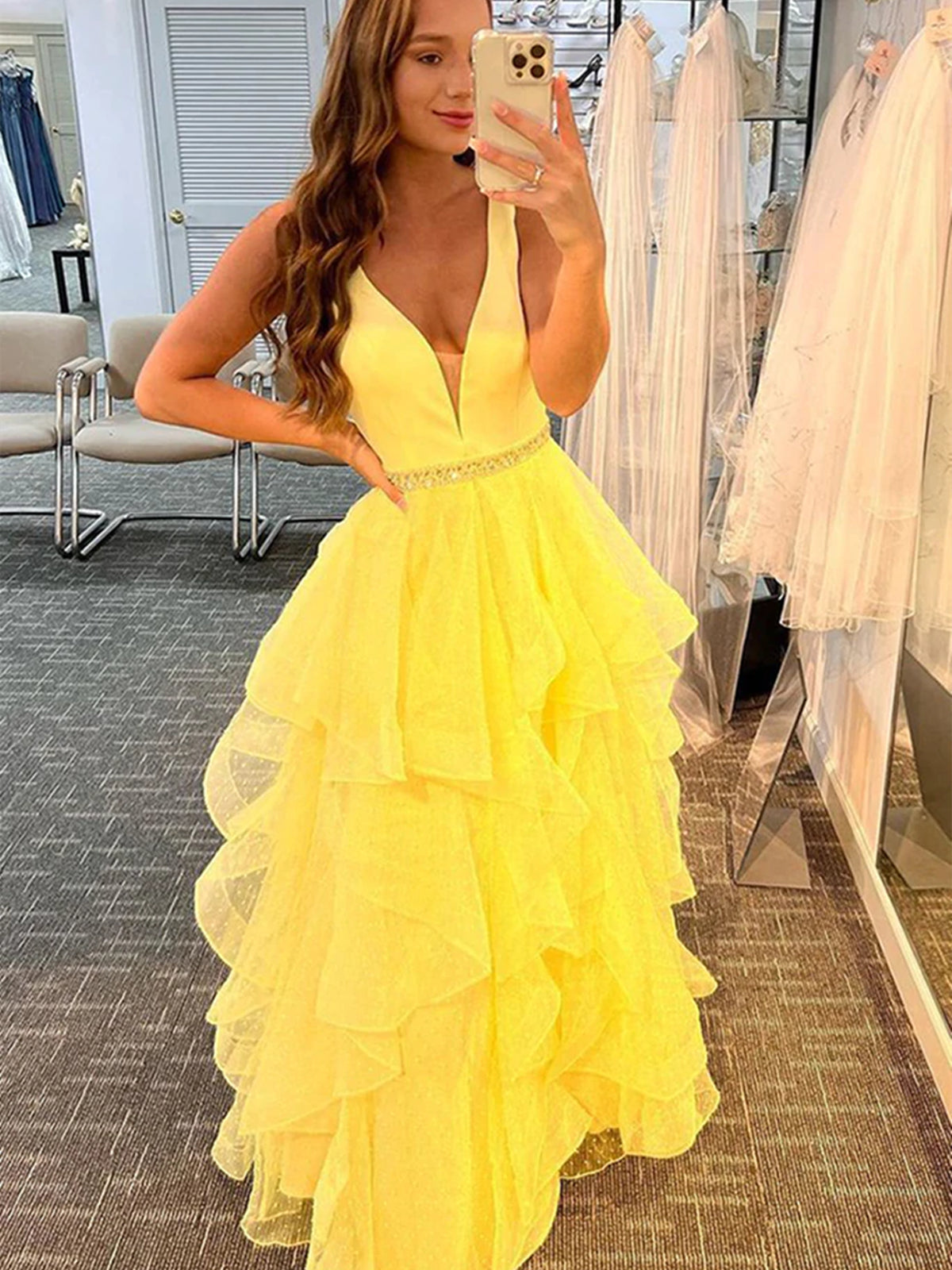 A-line V Neck Layered Tulle Long Prom Dresses with Belt Yellow Formal