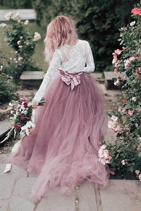 A-Linie V-Ausschnitt Langarm Rosa Tüll Brautkleid mit Spitzenapplikationen WD311