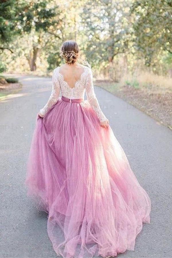 A-Linie V-Ausschnitt Langarm Rosa Tüll Brautkleid mit Spitzenapplikationen WD545
