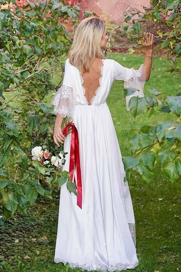 A-Linie V-Ausschnitt Langarm Satin Hochzeitskleid mit Spitze WD312