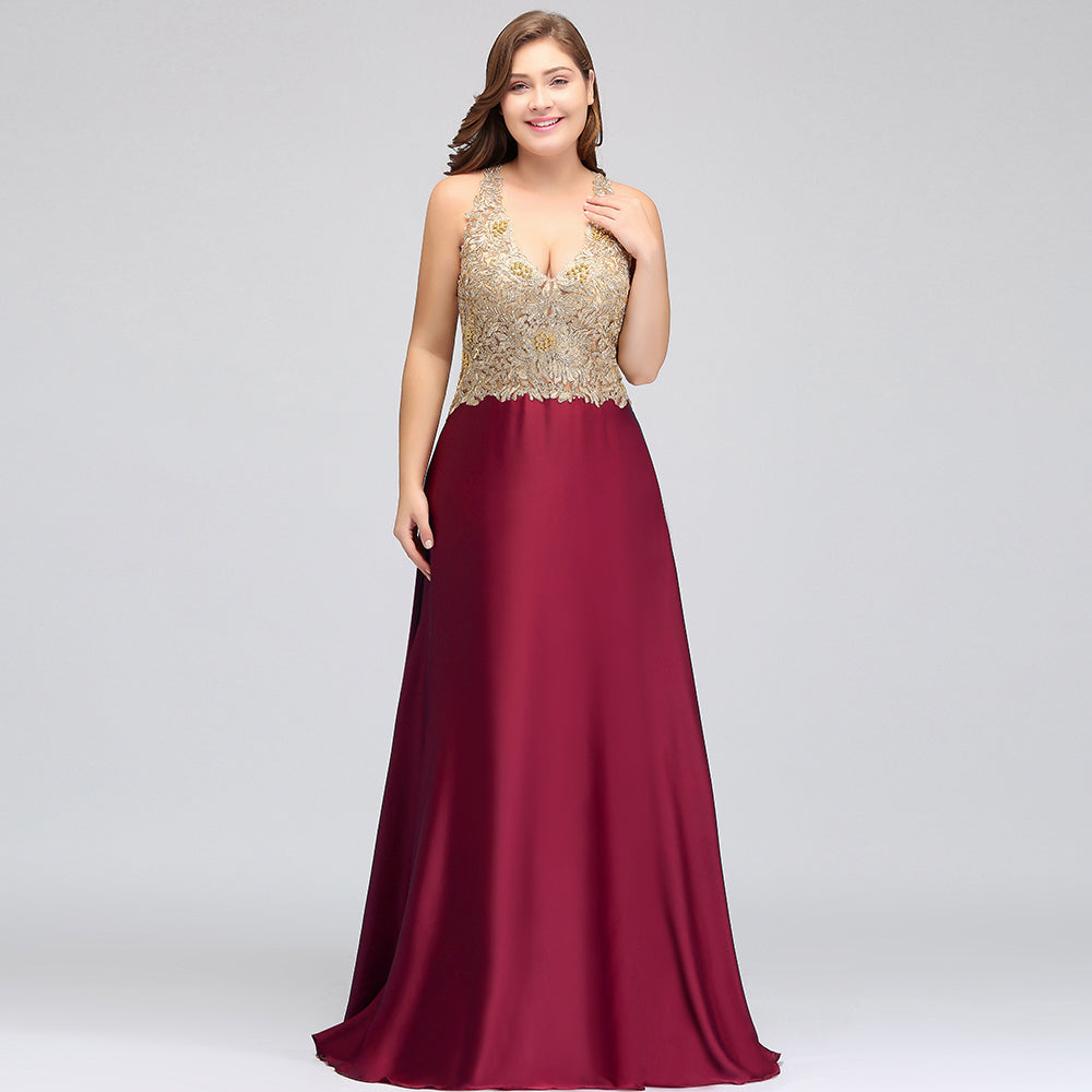 Vestidos de noche largos sin mangas con escote en V y corte A en tallas grandes con apliques