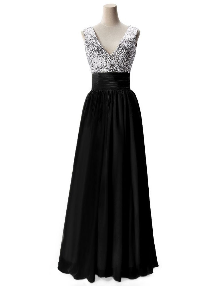 A-Linien-Partykleid aus Chiffon mit V-Ausschnitt und Pailletten