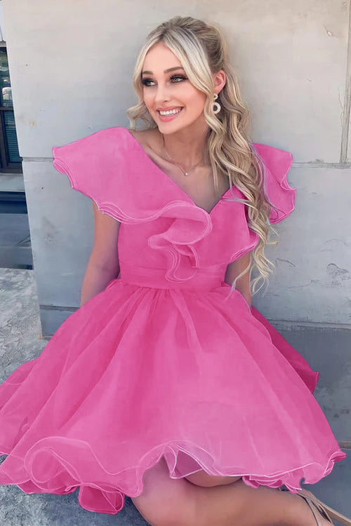 Agatha | Vestido de fiesta de organza con volantes y escote en V en línea A