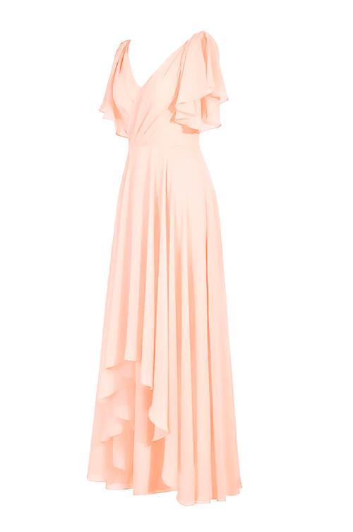 A-Linie V-Ausschnitt Kurze Ärmel Bodenlanges Chiffon Brautjungfernkleid BD014