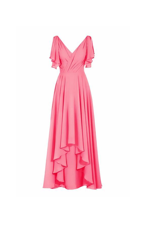 A-Linie V-Ausschnitt Kurze Ärmel Bodenlanges Chiffon Brautjungfernkleid BD014