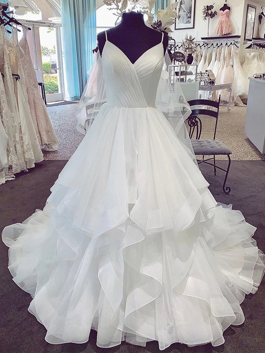 Vestidos de novia blancos largos, abullonados, con escote en V y tirantes finos