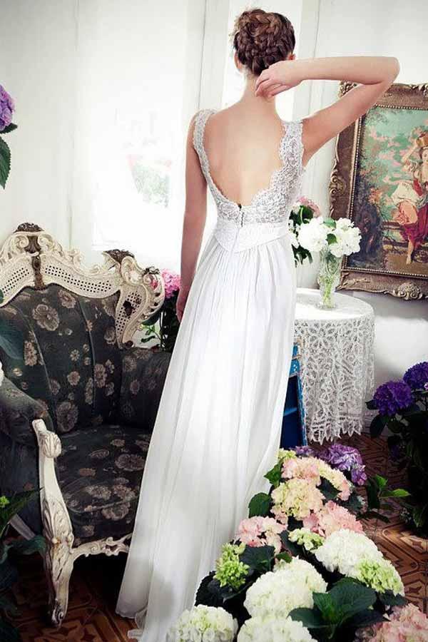 A-Linie V-Ausschnitt Sweep Schleppe Chiffon Strand Brautkleid mit Spitze WD262