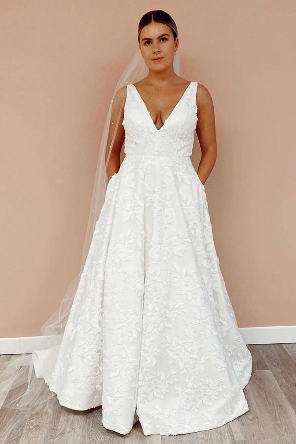 A Line V Neckline Floral Lace Illustion Back Court Train Wedding Dress WD489