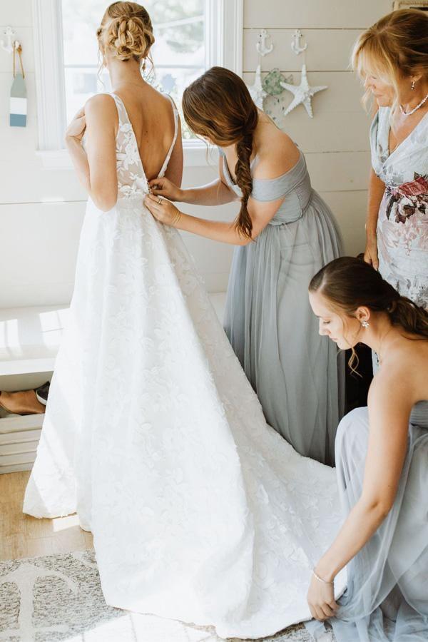 A Line V Neckline Floral Lace Illustion Back Court Train Wedding Dress WD489