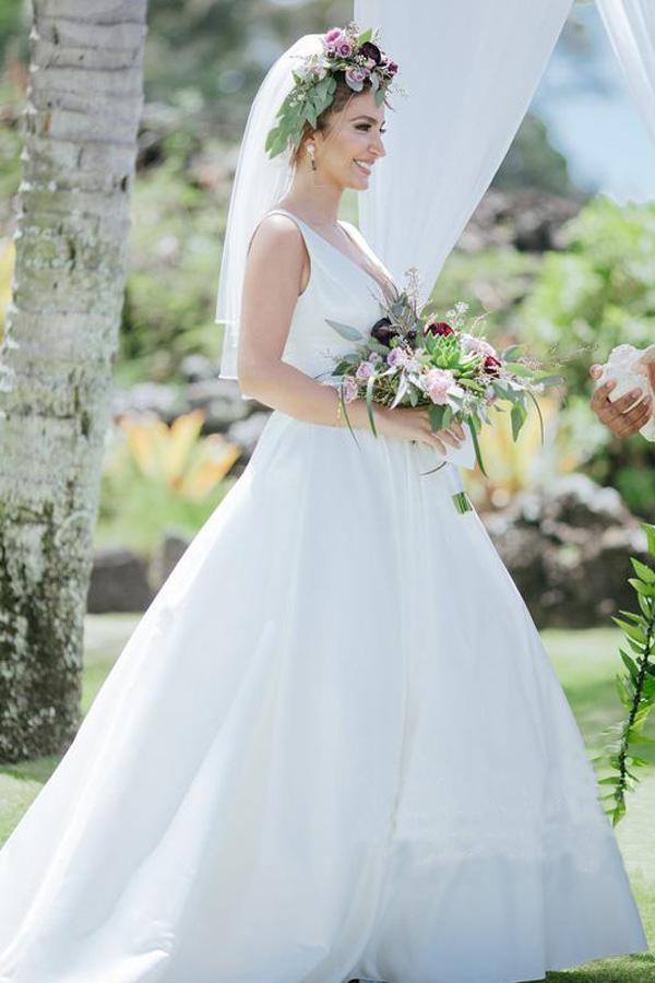 A Line V Neckline Pleated Waistband Simple Satin Wedding Bridal Dress WD482