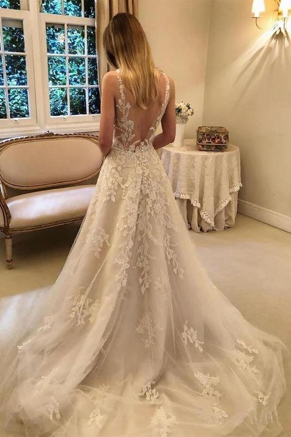 A-Linie Vintage Rustikale Brautkleider V-Ausschnitt Perlen Spitze Brautkleid WD351
