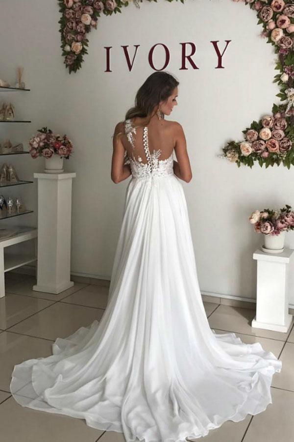 A-Linie Weiß Chiffon Applikationen Durchsichtig Boho Brautkleid WD344