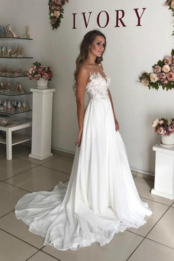 A-Linie Weiß Chiffon Applikationen Durchsichtig Boho Brautkleid WD344