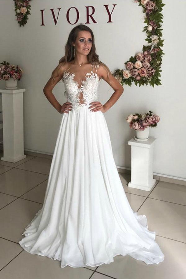 A-Linie Weiß Chiffon Applikationen Durchsichtig Boho Brautkleid WD344