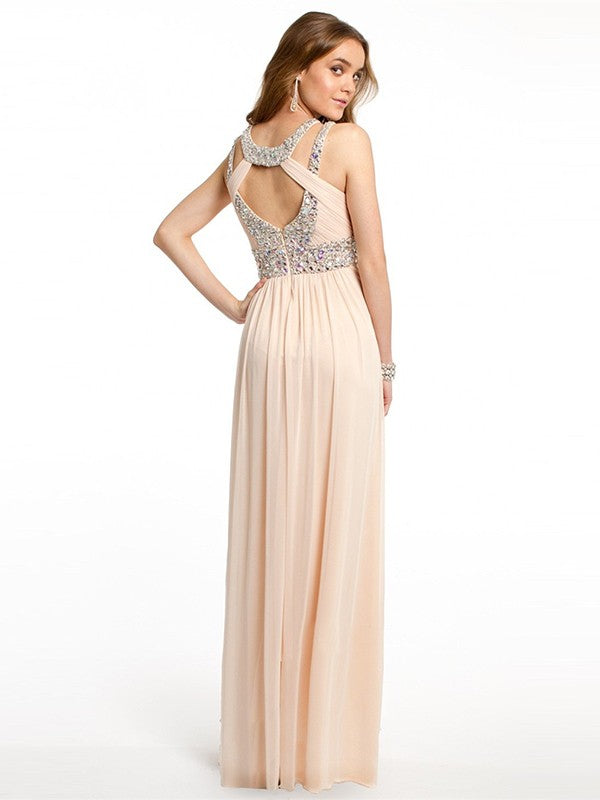 A-Linie/Elegant Bateau-Ausschnitt Perlen verziert Ärmellos Chiffon Bodenlang Abiballkleider