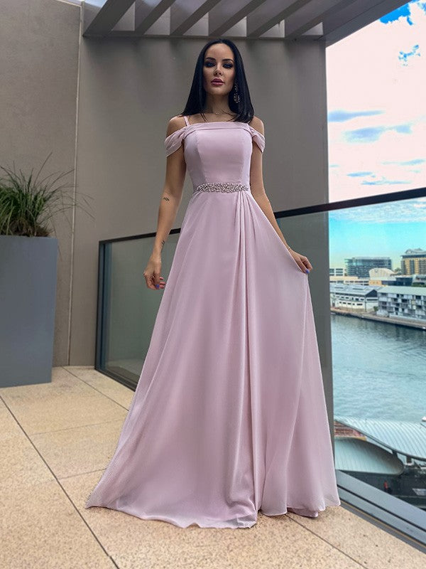 A-Linie/Elegant Chiffon Perlen verziert Träger Ärmellos Bodenlang Abiballkleider