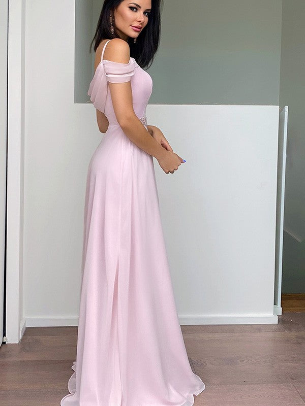 A-Linie/Elegant Chiffon Perlen verziert Träger Ärmellos Bodenlang Abiballkleider