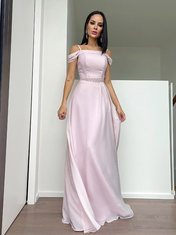 A-Linie/Elegant Chiffon Perlen verziert Träger Ärmellos Bodenlang Abiballkleider