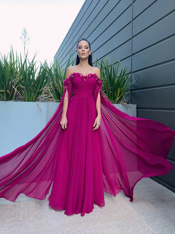 A-Linie/Elegant Chiffon Bodenlang Lange Ärmel Rüschen Schulterfrei Ballkleider