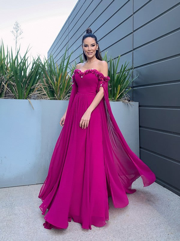 A-Linie/Elegant Chiffon Bodenlang Lange Ärmel Rüschen Schulterfrei Ballkleider