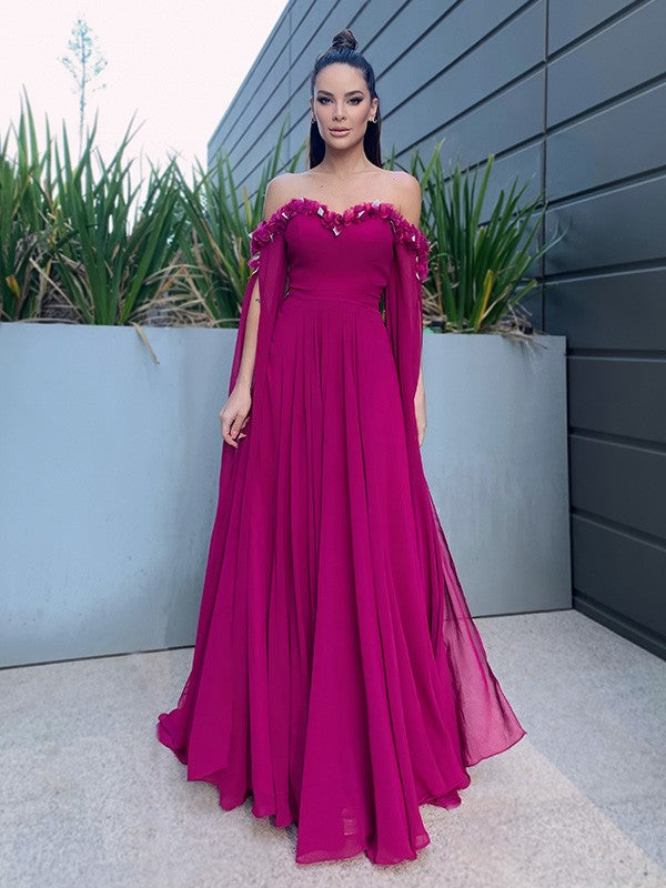 A-Linie/Elegant Chiffon Bodenlang Lange Ärmel Rüschen Schulterfrei Ballkleider